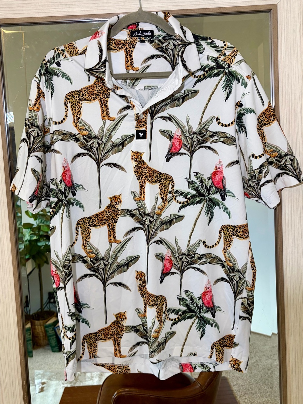 Bad Birdie Shirt Large Polo Cheetah Parrot Floral Golf Performance Mens L